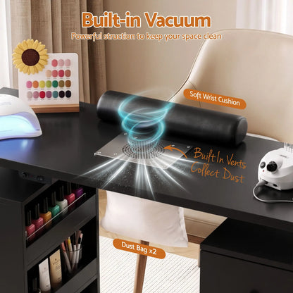 Artiss Manicure Table Nail Desk with Built-in Dust Collector Beauty Salon Station Drawers Shelves Wrist Cushion Wheels Black - Image 6