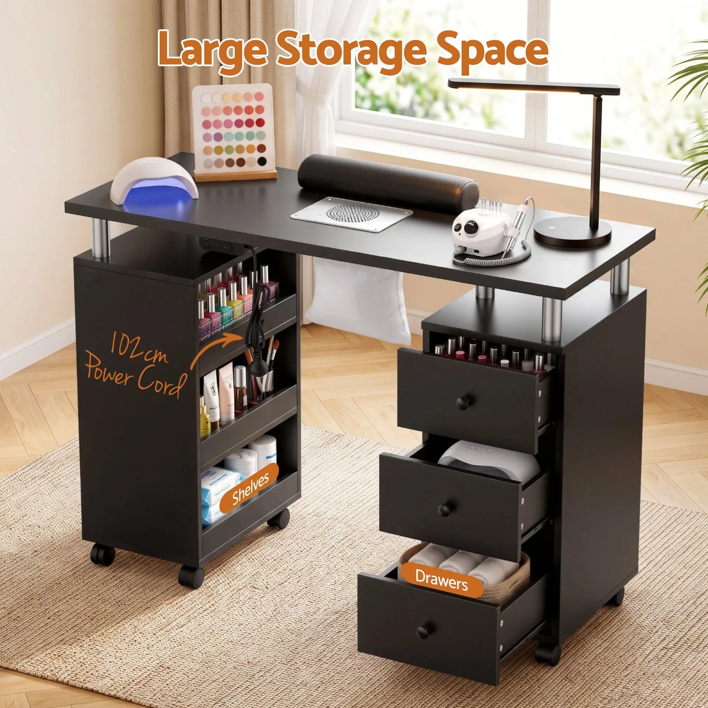 Artiss Manicure Table Nail Desk with Built-in Dust Collector Beauty Salon Station Drawers Shelves Wrist Cushion Wheels Black - Image 7