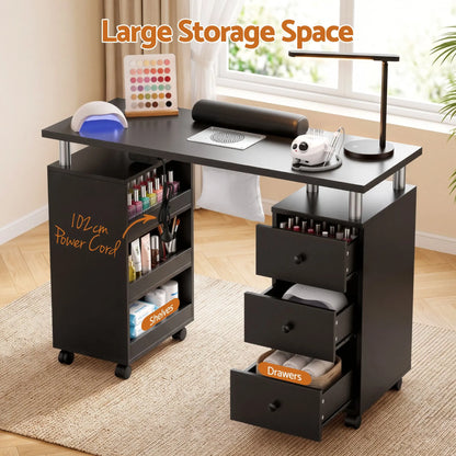 Artiss Manicure Table Nail Desk with Built-in Dust Collector Beauty Salon Station Drawers Shelves Wrist Cushion Wheels Black - Image 7