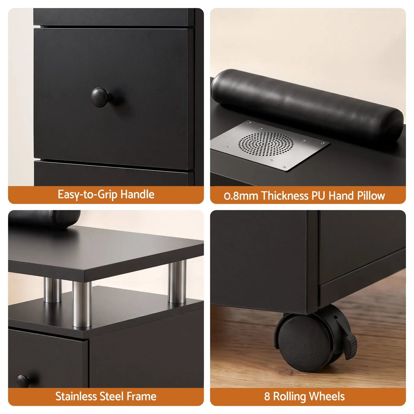 Artiss Manicure Table Nail Desk with Built-in Dust Collector Beauty Salon Station Drawers Shelves Wrist Cushion Wheels Black - Image 8