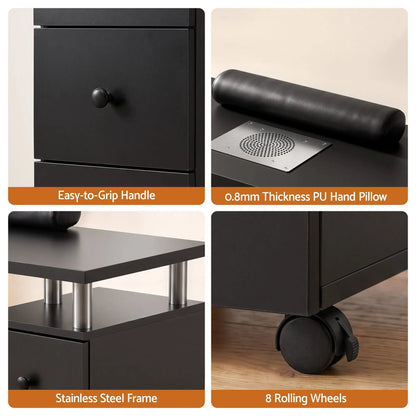 Artiss Manicure Table Nail Desk with Built-in Dust Collector Beauty Salon Station Drawers Shelves Wrist Cushion Wheels Black - Image 8