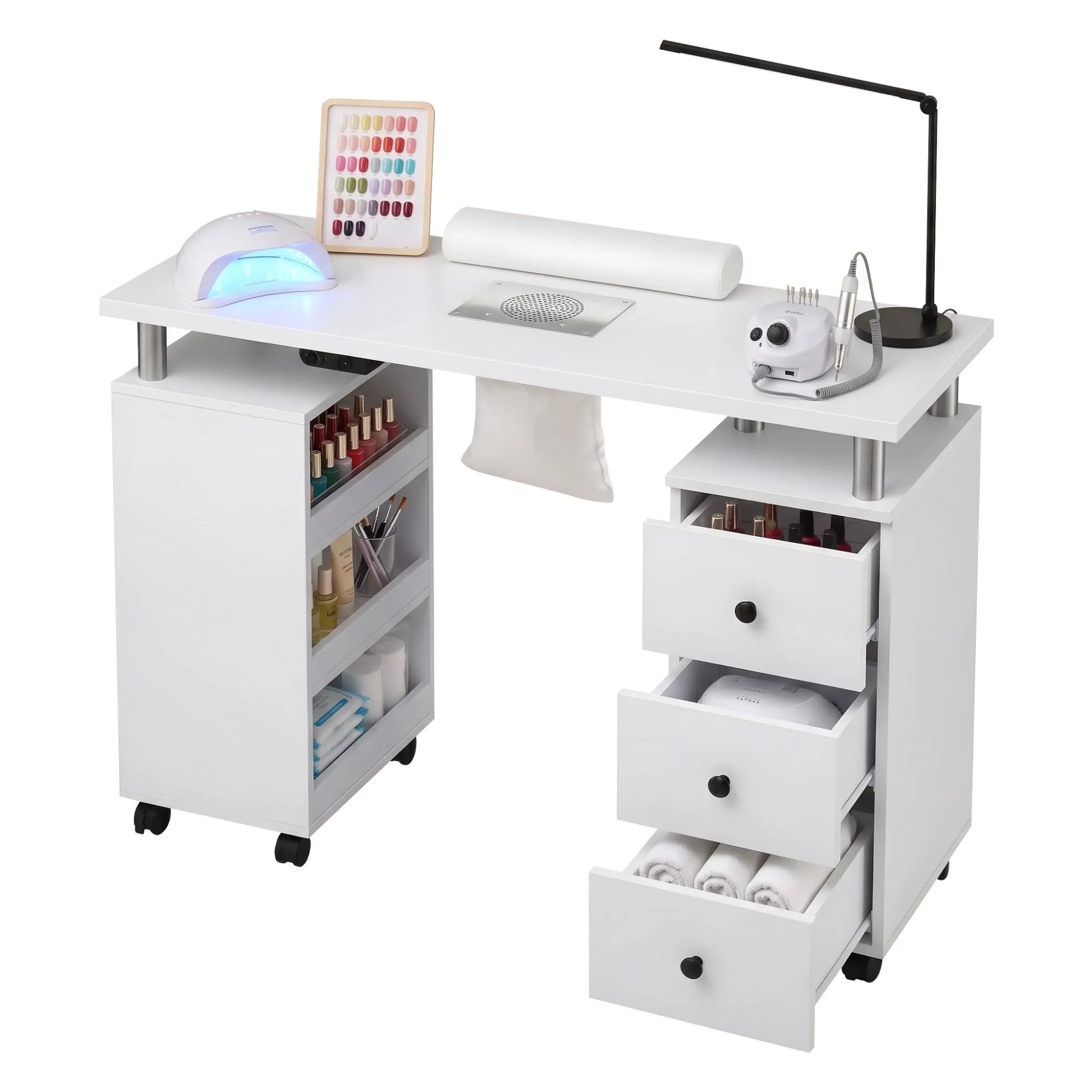Artiss Manicure Table Nail Desk with Built-in Dust Collector Beauty Salon Station Drawers Shelves Wrist Cushion Wheels White - Image 2
