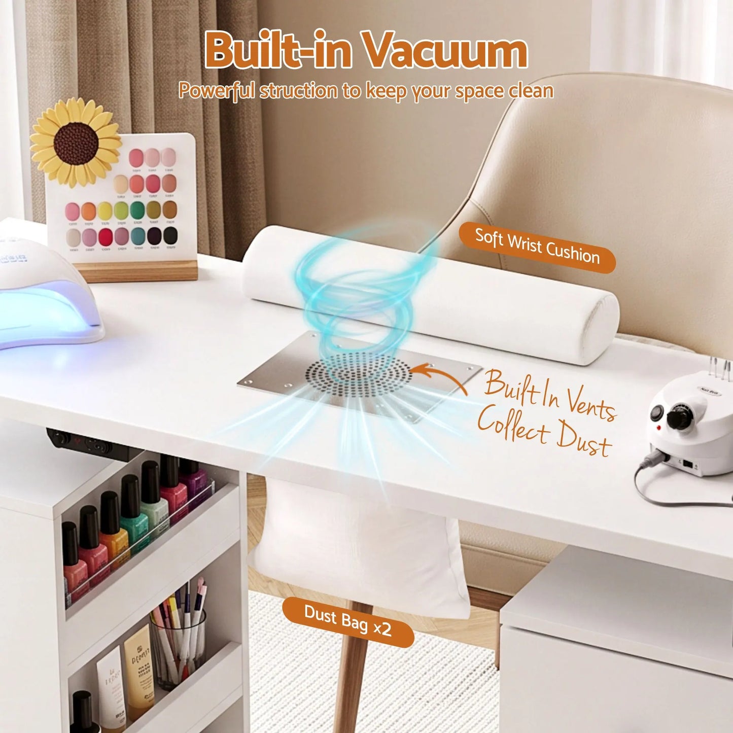 Artiss Manicure Table Nail Desk with Built-in Dust Collector Beauty Salon Station Drawers Shelves Wrist Cushion Wheels White - Image 6