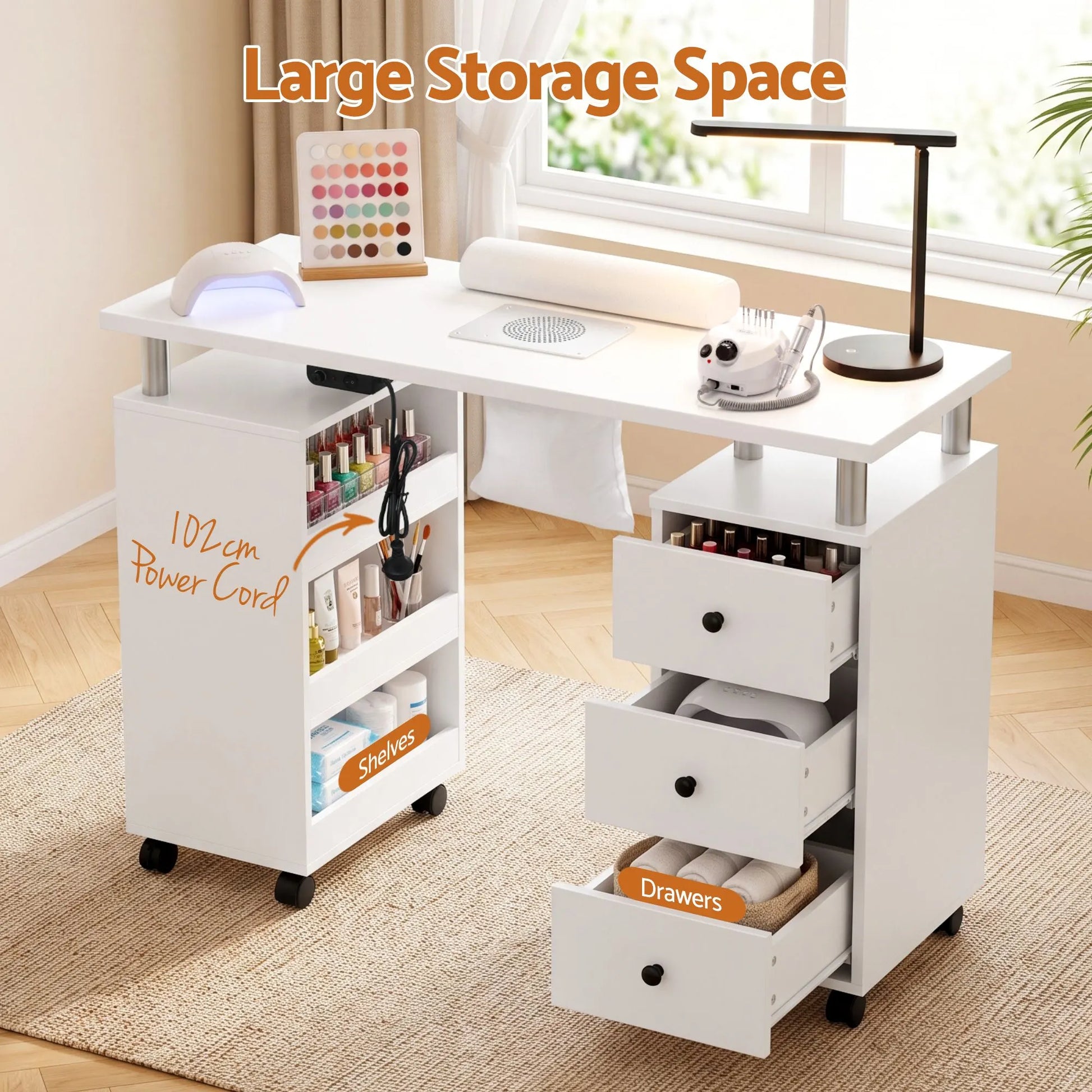 Artiss Manicure Table Nail Desk with Built-in Dust Collector Beauty Salon Station Drawers Shelves Wrist Cushion Wheels White - Image 7