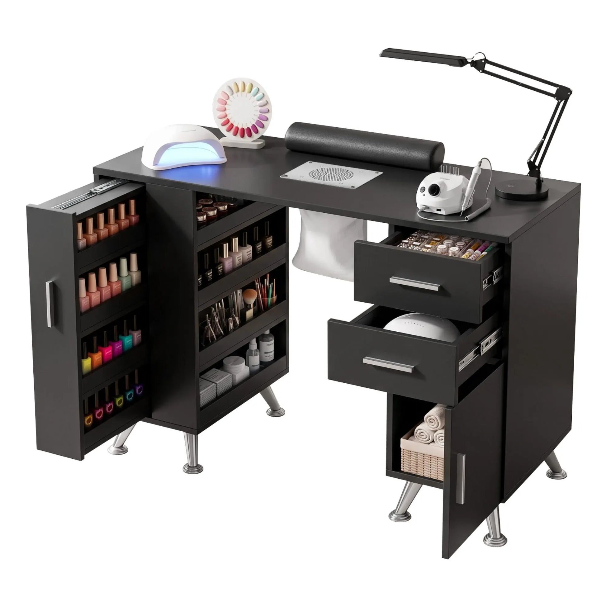 Artiss Manicure Table Nail Desk with Built-in Dust Collector Beauty Salon Station Drawers Shelves Wrist Cushion Black - Image 2