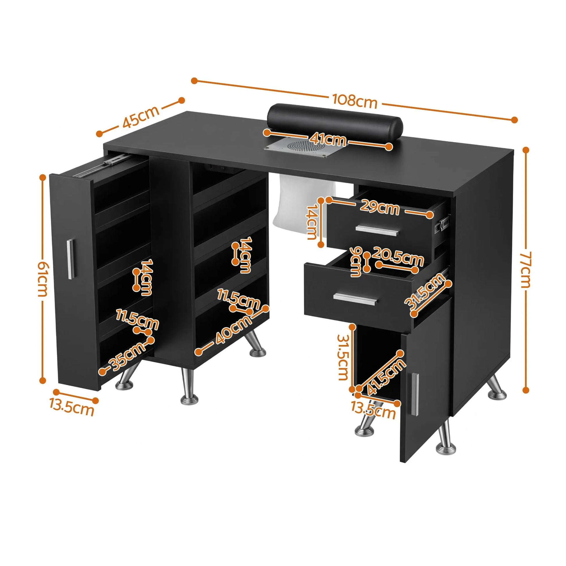Artiss Manicure Table Nail Desk with Built-in Dust Collector Beauty Salon Station Drawers Shelves Wrist Cushion Black - Image 4