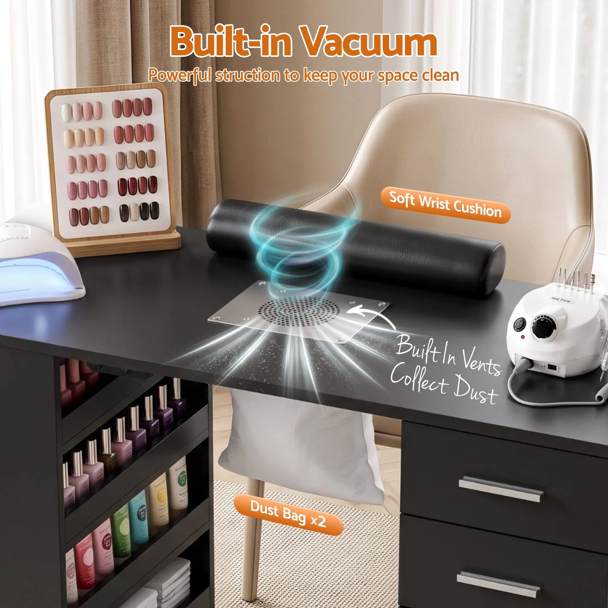 Artiss Manicure Table Nail Desk with Built-in Dust Collector Beauty Salon Station Drawers Shelves Wrist Cushion Black - Image 6
