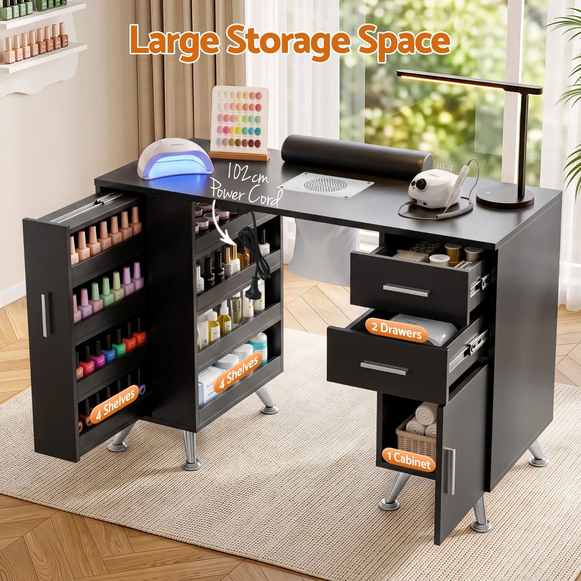 Artiss Manicure Table Nail Desk with Built-in Dust Collector Beauty Salon Station Drawers Shelves Wrist Cushion Black - Image 7