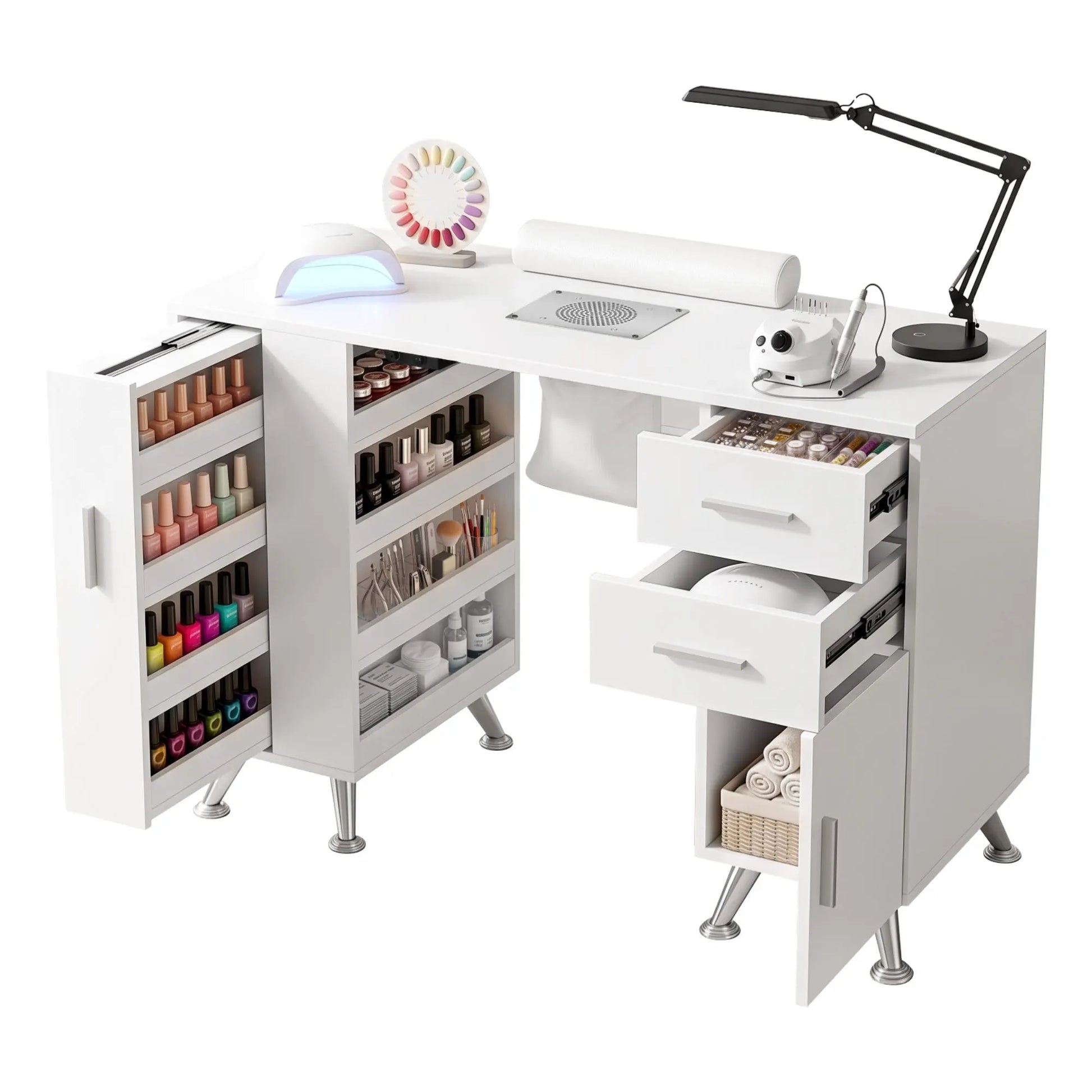 Artiss Manicure Table Nail Desk with Built-in Dust Collector Beauty Salon Station Drawers Shelves Wrist Cushion White - Image 2