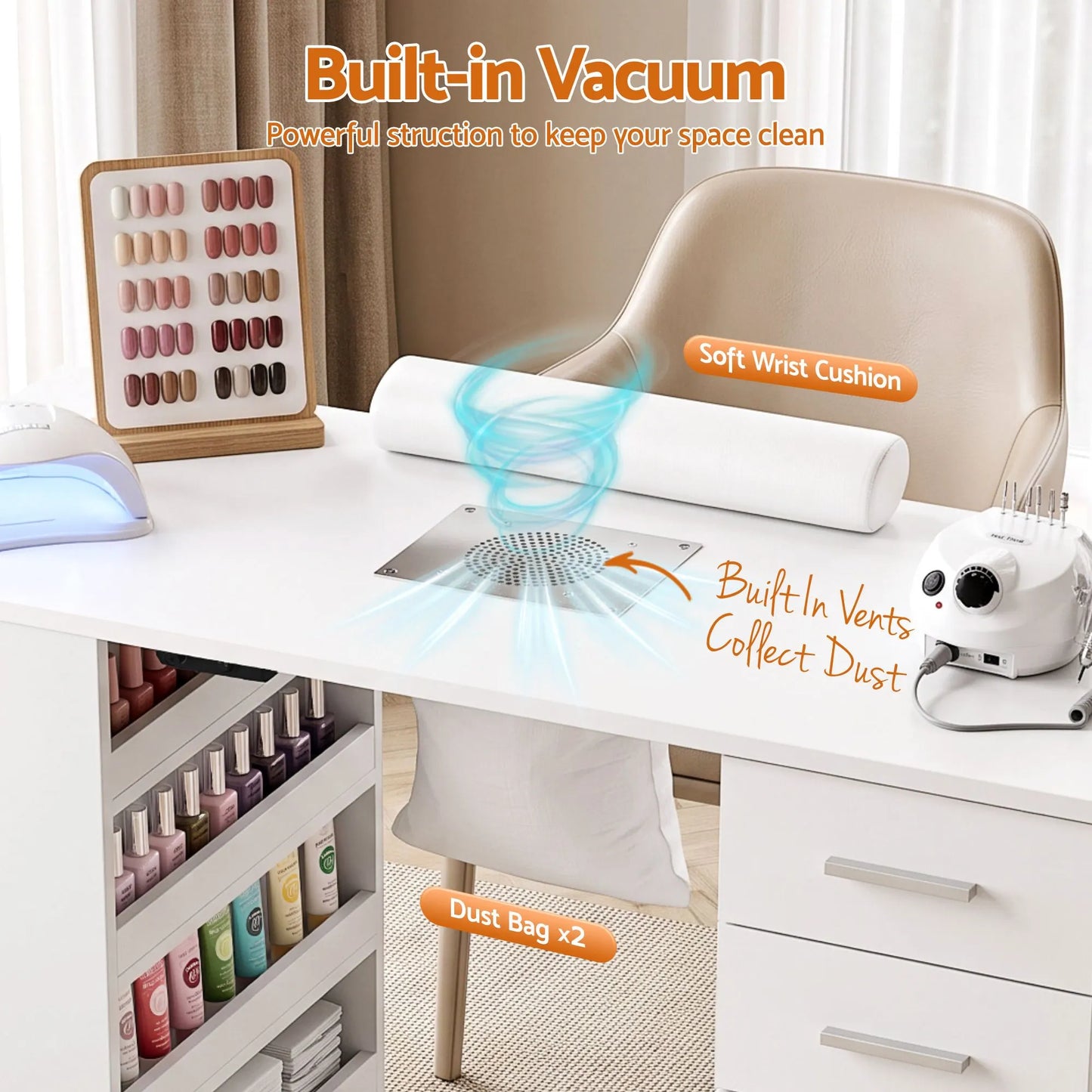 Artiss Manicure Table Nail Desk with Built-in Dust Collector Beauty Salon Station Drawers Shelves Wrist Cushion White - Image 6