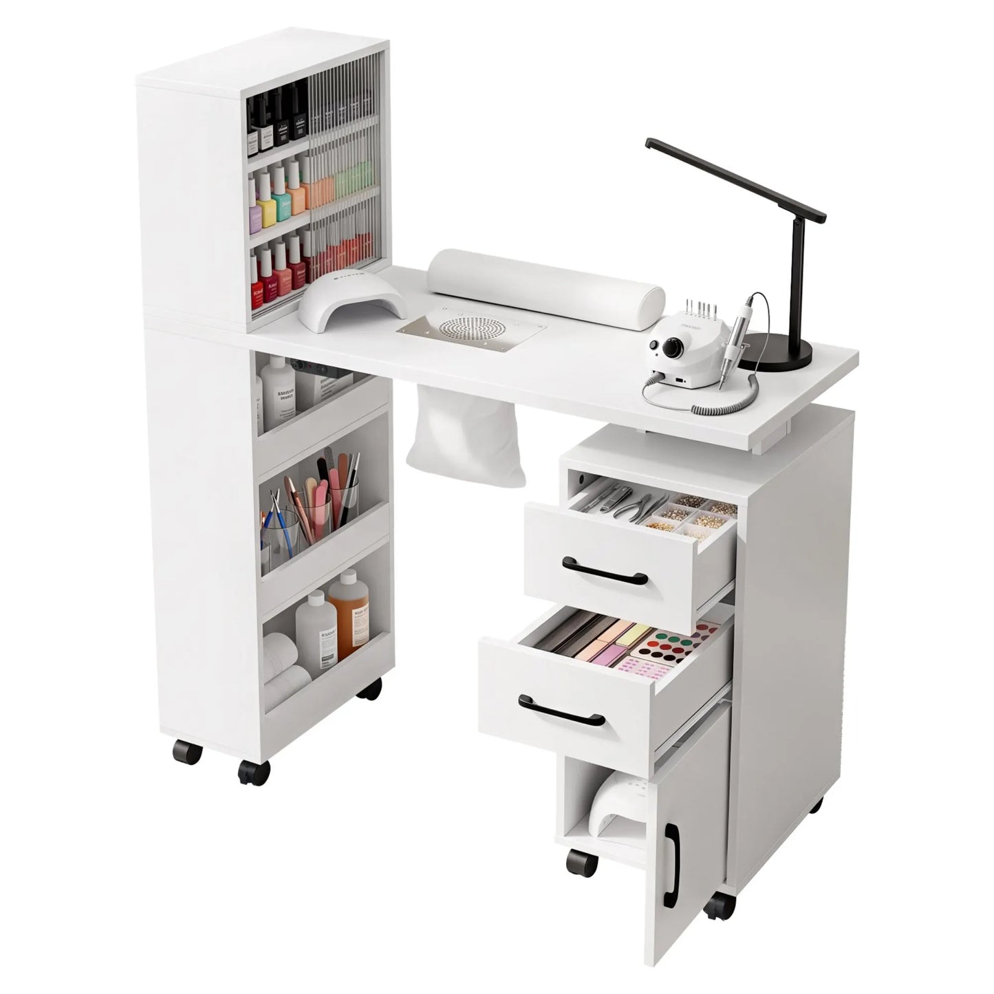 Artiss Manicure Table Nail Desk with Built-in Dust Collector Beauty Salon Station Drawers Shelves Wrist Cushion White - Image 2
