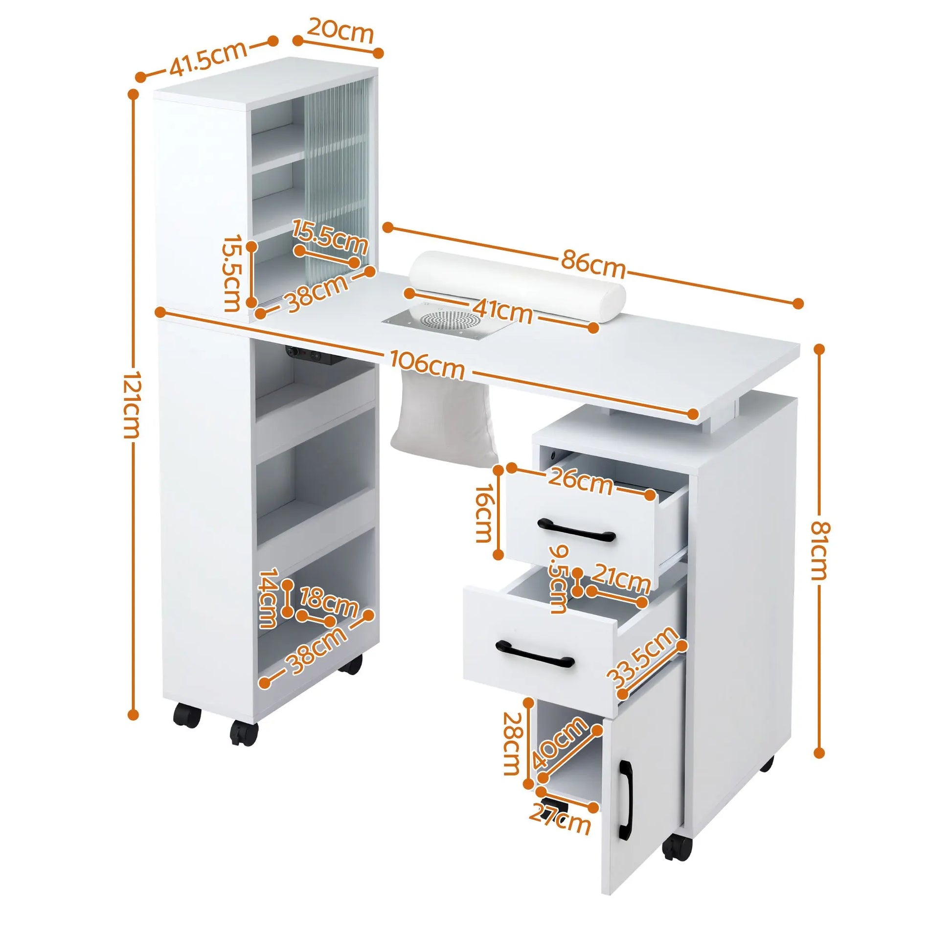 Artiss Manicure Table Nail Desk with Built-in Dust Collector Beauty Salon Station Drawers Shelves Wrist Cushion White - Image 4