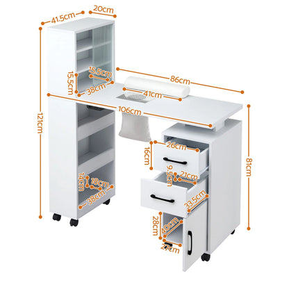 Artiss Manicure Table Nail Desk with Built-in Dust Collector Beauty Salon Station Drawers Shelves Wrist Cushion White - Image 4