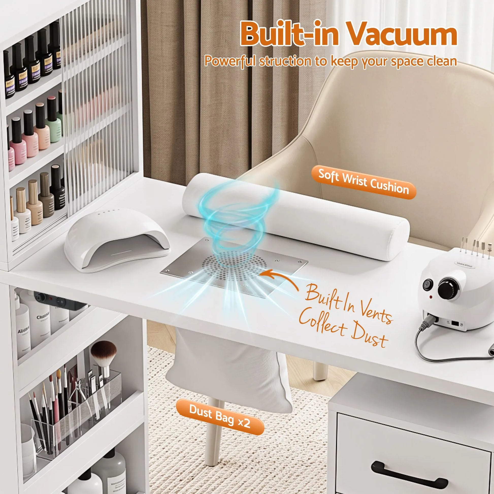 Artiss Manicure Table Nail Desk with Built-in Dust Collector Beauty Salon Station Drawers Shelves Wrist Cushion White - Image 6