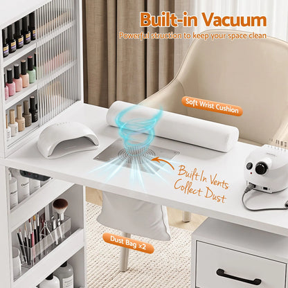 Artiss Manicure Table Nail Desk with Built-in Dust Collector Beauty Salon Station Drawers Shelves Wrist Cushion White - Image 6