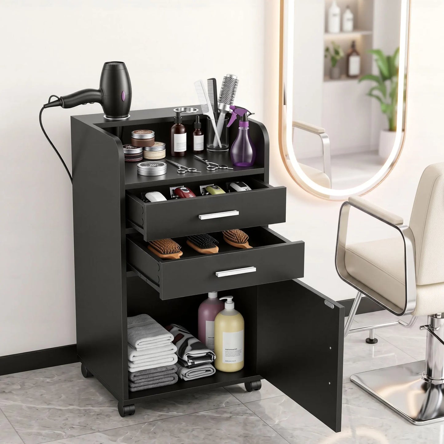 Artiss Professional Salon Station Rolling Cart, Hair Styling Beauty Cabinet with 2 Drawers & 2 Appliance Holders, Wood Barber Spa Trolley with 360° Wheels for Skincare & Vanity, Black
