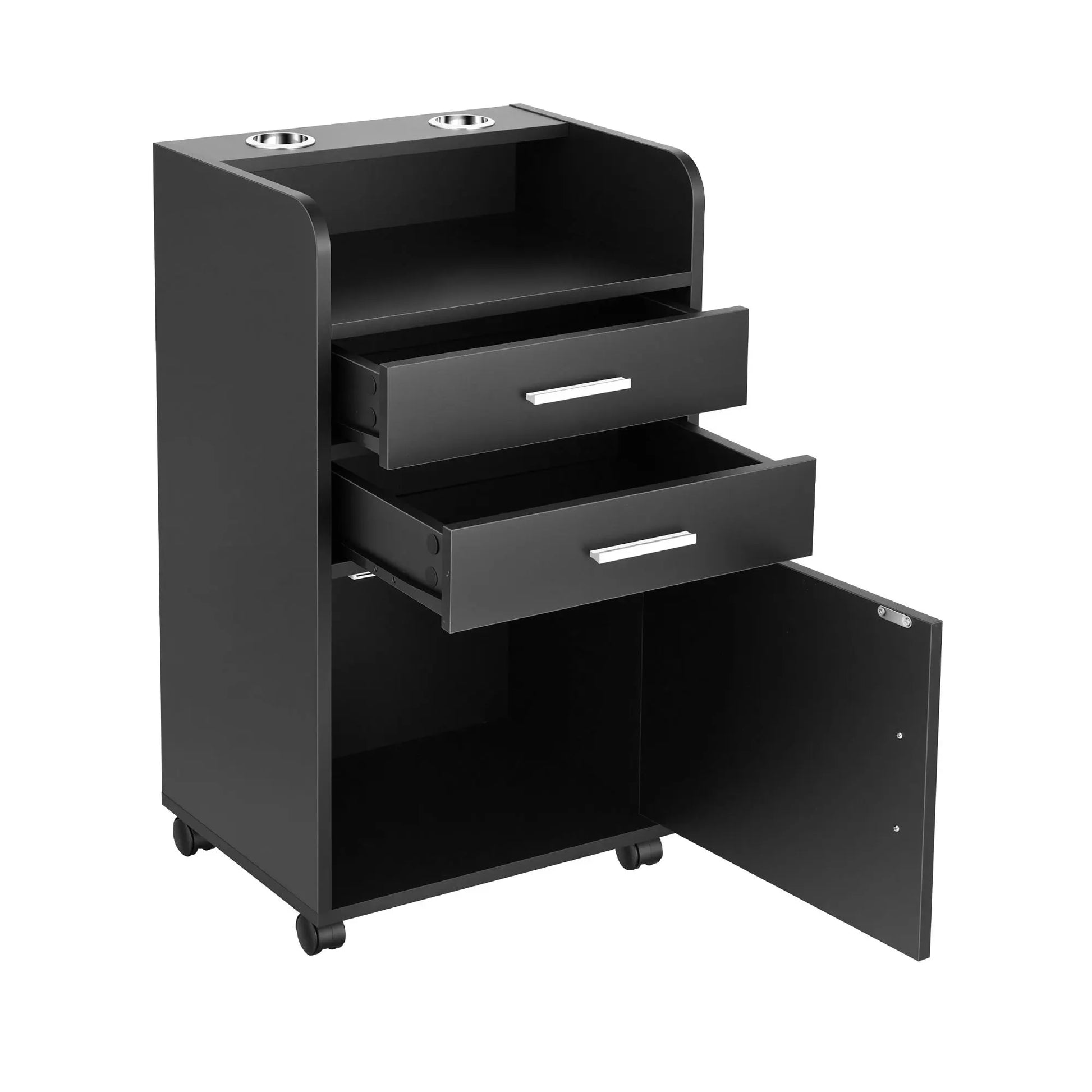 Artiss Professional Salon Station Rolling Cart, Hair Styling Beauty Cabinet with 2 Drawers & 2 Appliance Holders, Wood Barber Spa Trolley with 360° Wheels for Skincare & Vanity, Black - Image 2