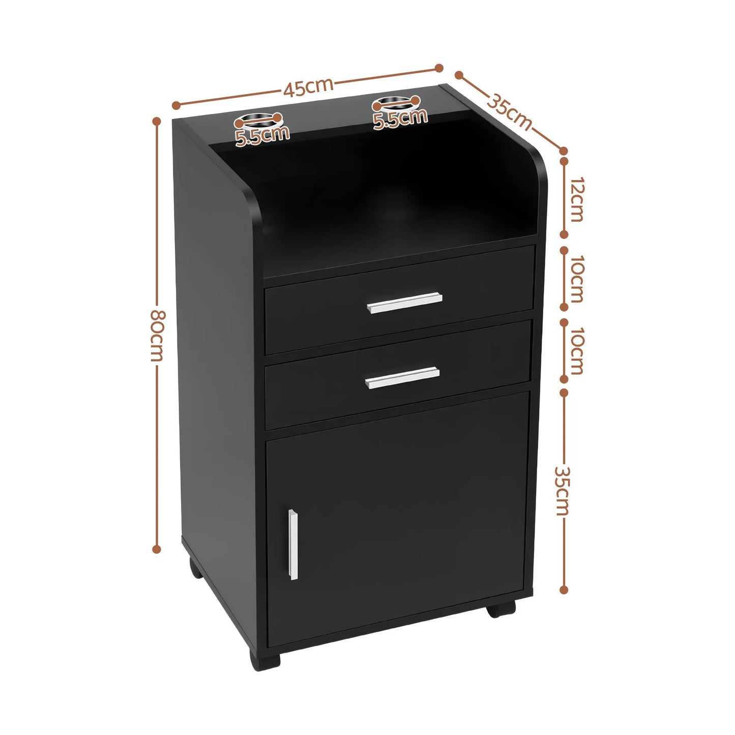 Artiss Professional Salon Station Rolling Cart, Hair Styling Beauty Cabinet with 2 Drawers & 2 Appliance Holders, Wood Barber Spa Trolley with 360° Wheels for Skincare & Vanity, Black - Image 4