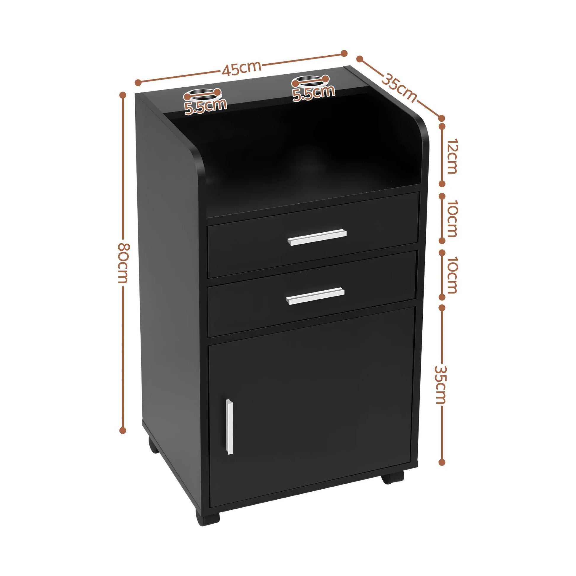 Artiss Professional Salon Station Rolling Cart, Hair Styling Beauty Cabinet with 2 Drawers & 2 Appliance Holders, Wood Barber Spa Trolley with 360° Wheels for Skincare & Vanity, Black - Image 4