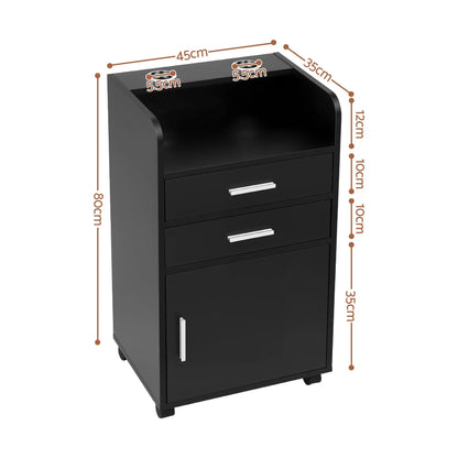 Artiss Professional Salon Station Rolling Cart, Hair Styling Beauty Cabinet with 2 Drawers & 2 Appliance Holders, Wood Barber Spa Trolley with 360° Wheels for Skincare & Vanity, Black - Image 4