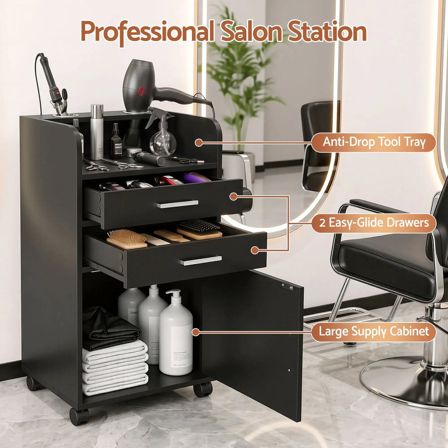 Artiss Professional Salon Station Rolling Cart, Hair Styling Beauty Cabinet with 2 Drawers & 2 Appliance Holders, Wood Barber Spa Trolley with 360° Wheels for Skincare & Vanity, Black - Image 6