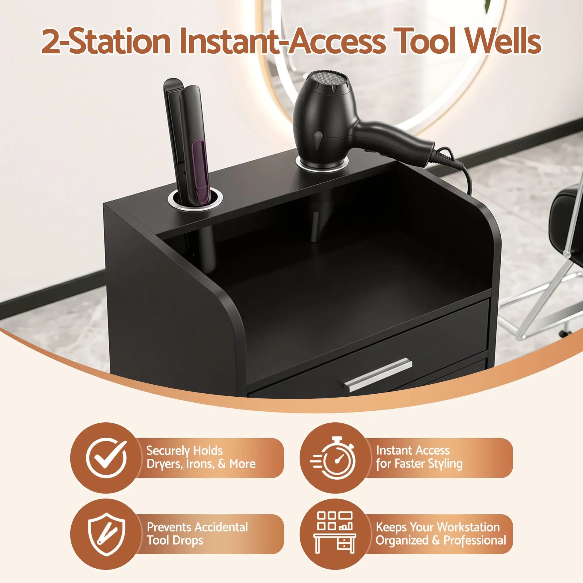 Artiss Professional Salon Station Rolling Cart, Hair Styling Beauty Cabinet with 2 Drawers & 2 Appliance Holders, Wood Barber Spa Trolley with 360° Wheels for Skincare & Vanity, Black - Image 7