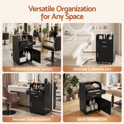 Artiss Professional Salon Station Rolling Cart, Hair Styling Beauty Cabinet with 2 Drawers & 2 Appliance Holders, Wood Barber Spa Trolley with 360° Wheels for Skincare & Vanity, Black - Image 8