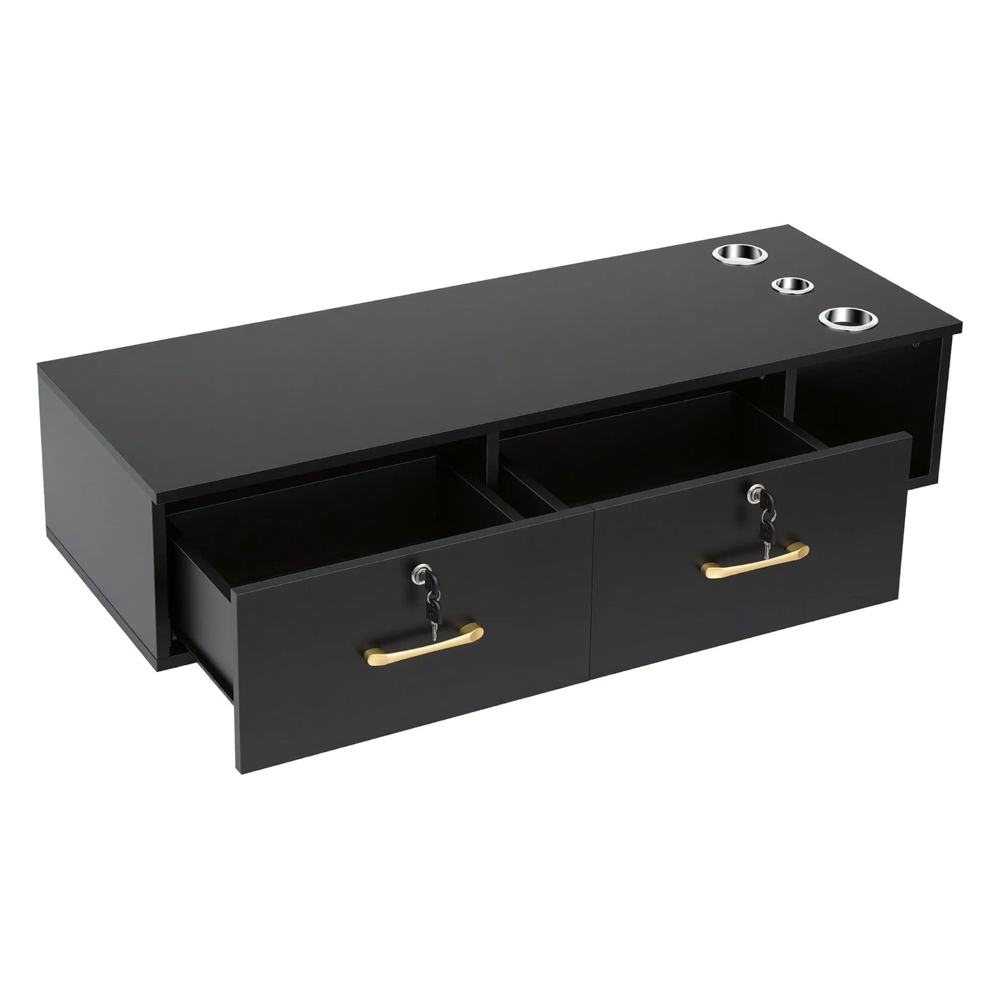 Artiss Wall Mounted Salon Station Cabinet, Hair Styling Station with 2 Lockable Drawers & 3 Appliance Holders, Wooden Barber Spa Equipment for Vanity, Black - Image 2