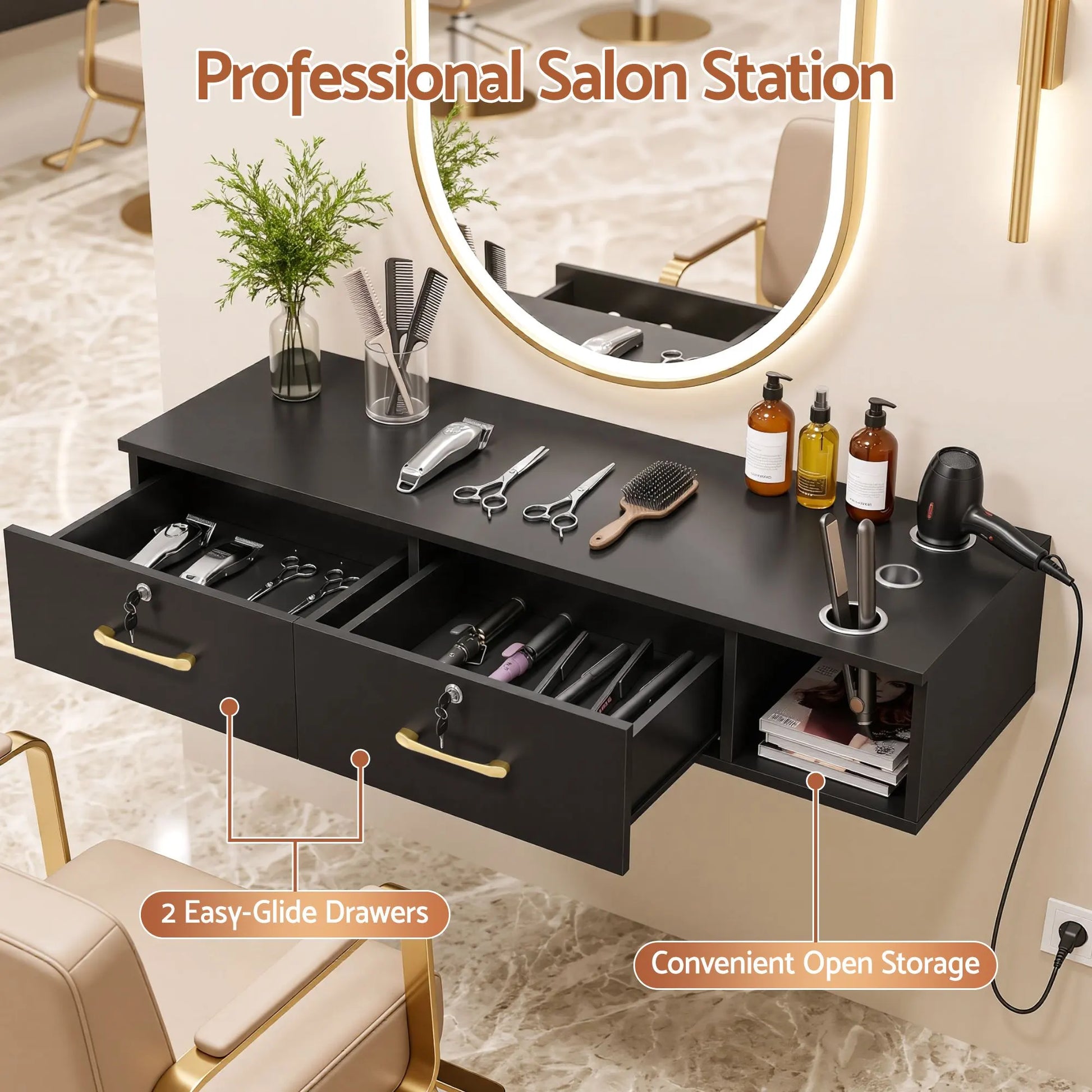 Artiss Wall Mounted Salon Station Cabinet, Hair Styling Station with 2 Lockable Drawers & 3 Appliance Holders, Wooden Barber Spa Equipment for Vanity, Black - Image 6