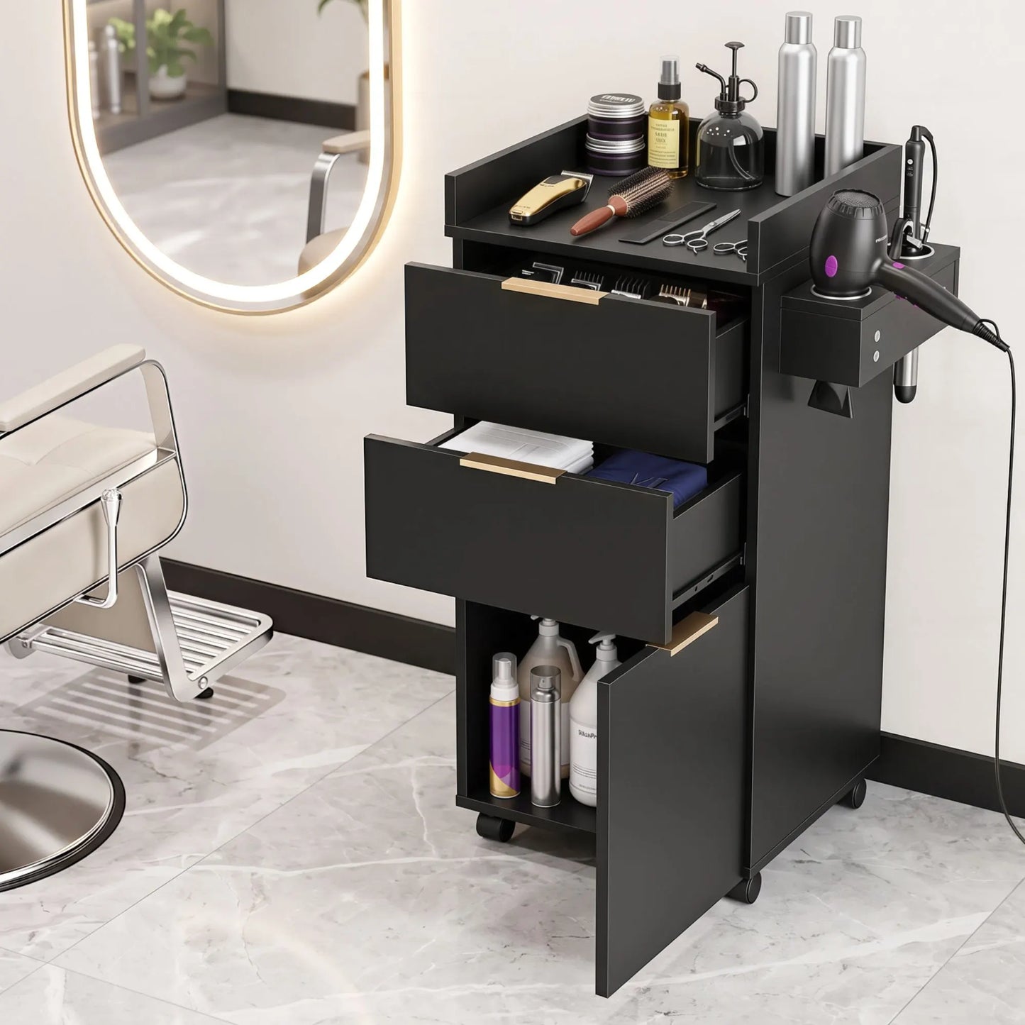 Artiss Professional Salon Station Rolling Cart, Hair Styling Beauty Cabinet with 2 Drawers, Large Supply Cabinet & 3 Appliance Holders, Wood Barber Spa Trolley with 360° Wheels for Skincare & Vanity, Black