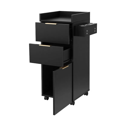 Artiss Professional Salon Station Rolling Cart, Hair Styling Beauty Cabinet with 2 Drawers, Large Supply Cabinet & 3 Appliance Holders, Wood Barber Spa Trolley with 360° Wheels for Skincare & Vanity, Black - Image 2