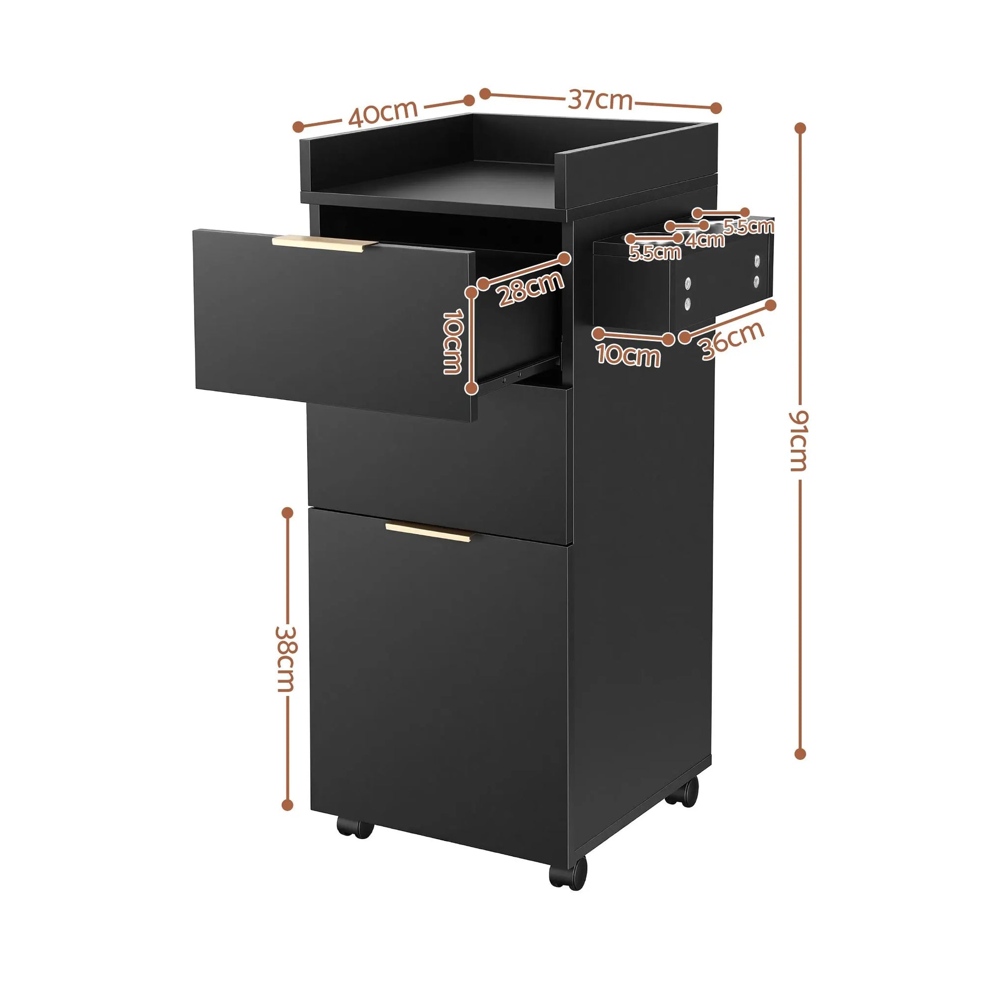 Artiss Professional Salon Station Rolling Cart, Hair Styling Beauty Cabinet with 2 Drawers, Large Supply Cabinet & 3 Appliance Holders, Wood Barber Spa Trolley with 360° Wheels for Skincare & Vanity, Black - Image 4