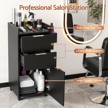Artiss Professional Salon Station Rolling Cart, Hair Styling Beauty Cabinet with 2 Drawers, Large Supply Cabinet & 3 Appliance Holders, Wood Barber Spa Trolley with 360° Wheels for Skincare & Vanity, Black - Image 6
