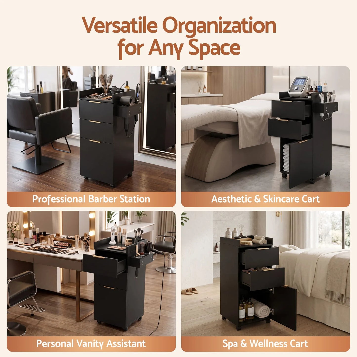 Artiss Professional Salon Station Rolling Cart, Hair Styling Beauty Cabinet with 2 Drawers, Large Supply Cabinet & 3 Appliance Holders, Wood Barber Spa Trolley with 360° Wheels for Skincare & Vanity, Black - Image 8