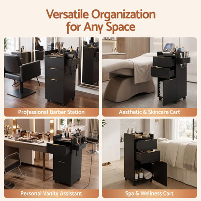 Artiss Professional Salon Station Rolling Cart, Hair Styling Beauty Cabinet with 2 Drawers, Large Supply Cabinet & 3 Appliance Holders, Wood Barber Spa Trolley with 360° Wheels for Skincare & Vanity, Black - Image 8