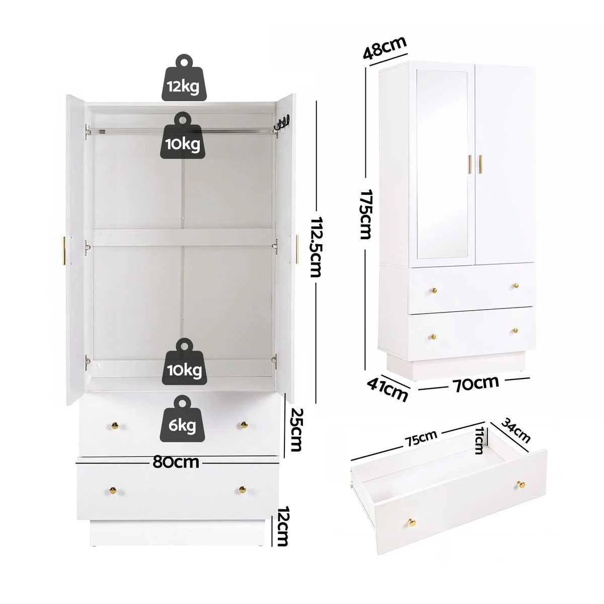 Artiss LED Wardrobe Cabinet Clothes Storage with Mirror 2 Drawers Hanging Rail - Image 4
