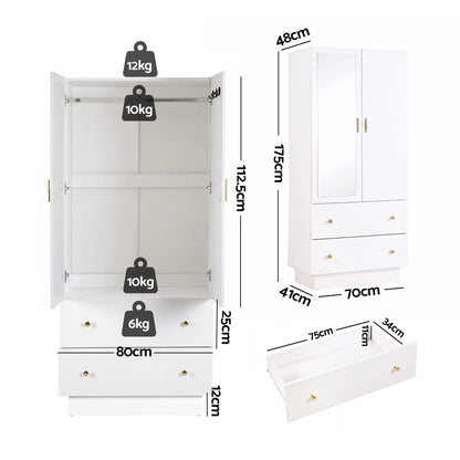 Artiss LED Wardrobe Cabinet Clothes Storage with Mirror 2 Drawers Hanging Rail - Image 4