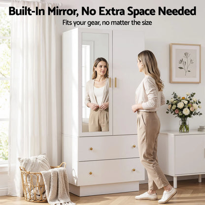 Artiss LED Wardrobe Cabinet Clothes Storage with Mirror 2 Drawers Hanging Rail - Image 7