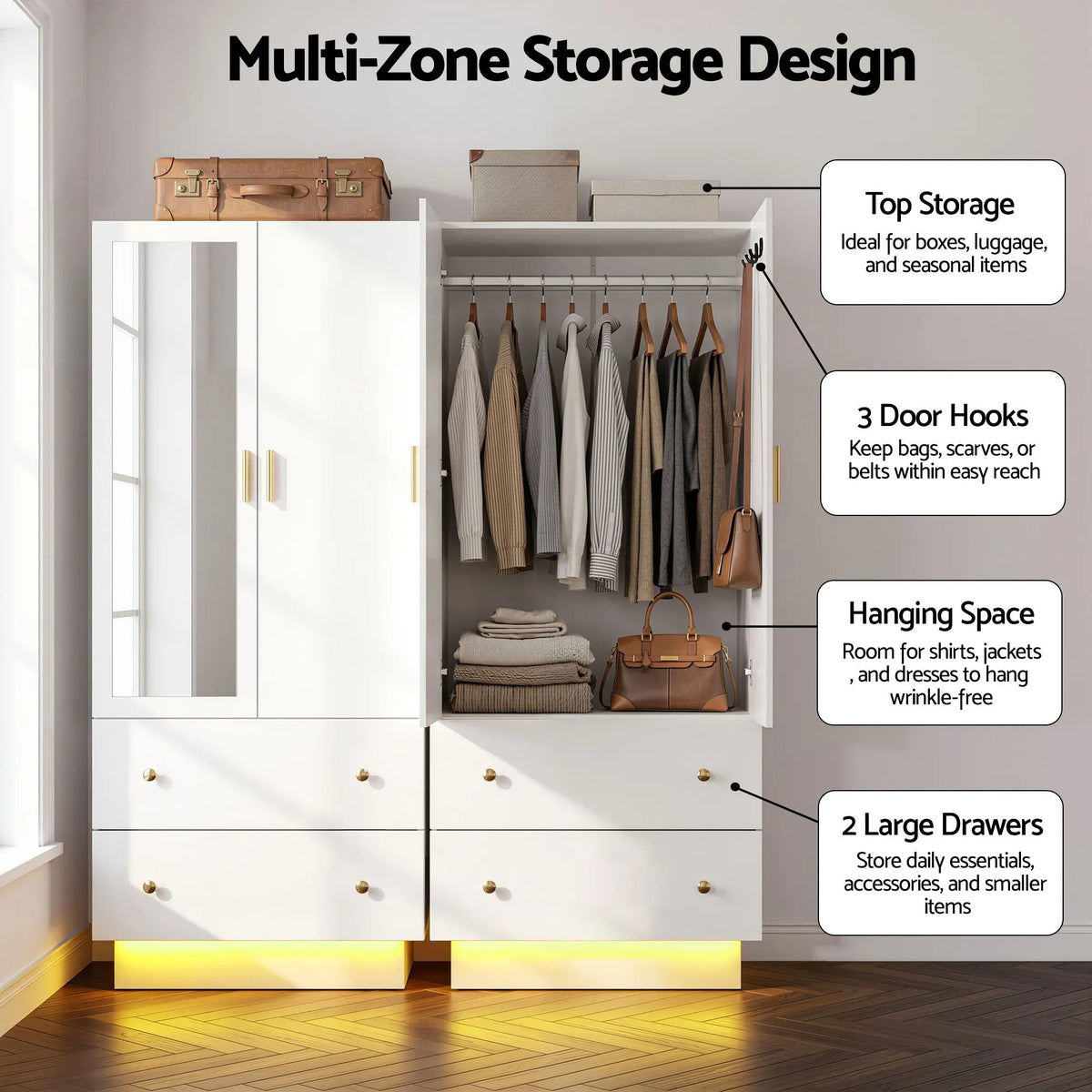 Artiss LED Wardrobe Cabinet Clothes Storage with Mirror 2 Drawers Hanging Rail - Image 8