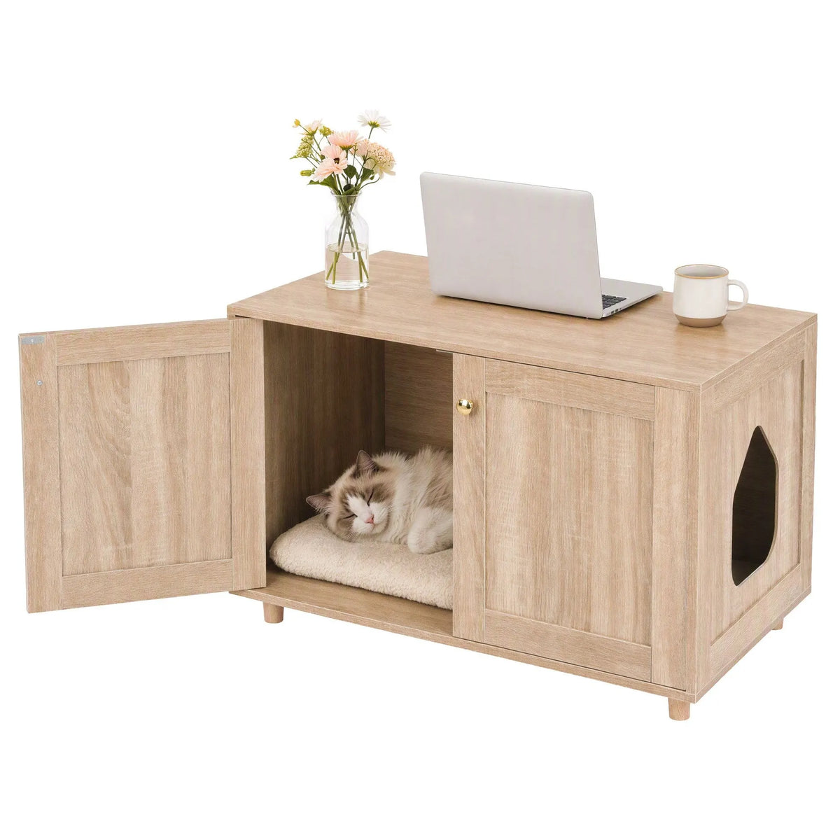 Artiss 2-In-1 Coffee Table Pet Cat House Wooden Side Table Storage Cabinet 80x50x55CM - Image 2