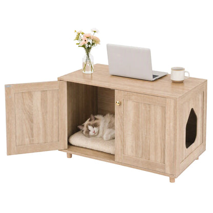 Artiss 2-In-1 Coffee Table Pet Cat House Wooden Side Table Storage Cabinet 80x50x55CM - Image 2