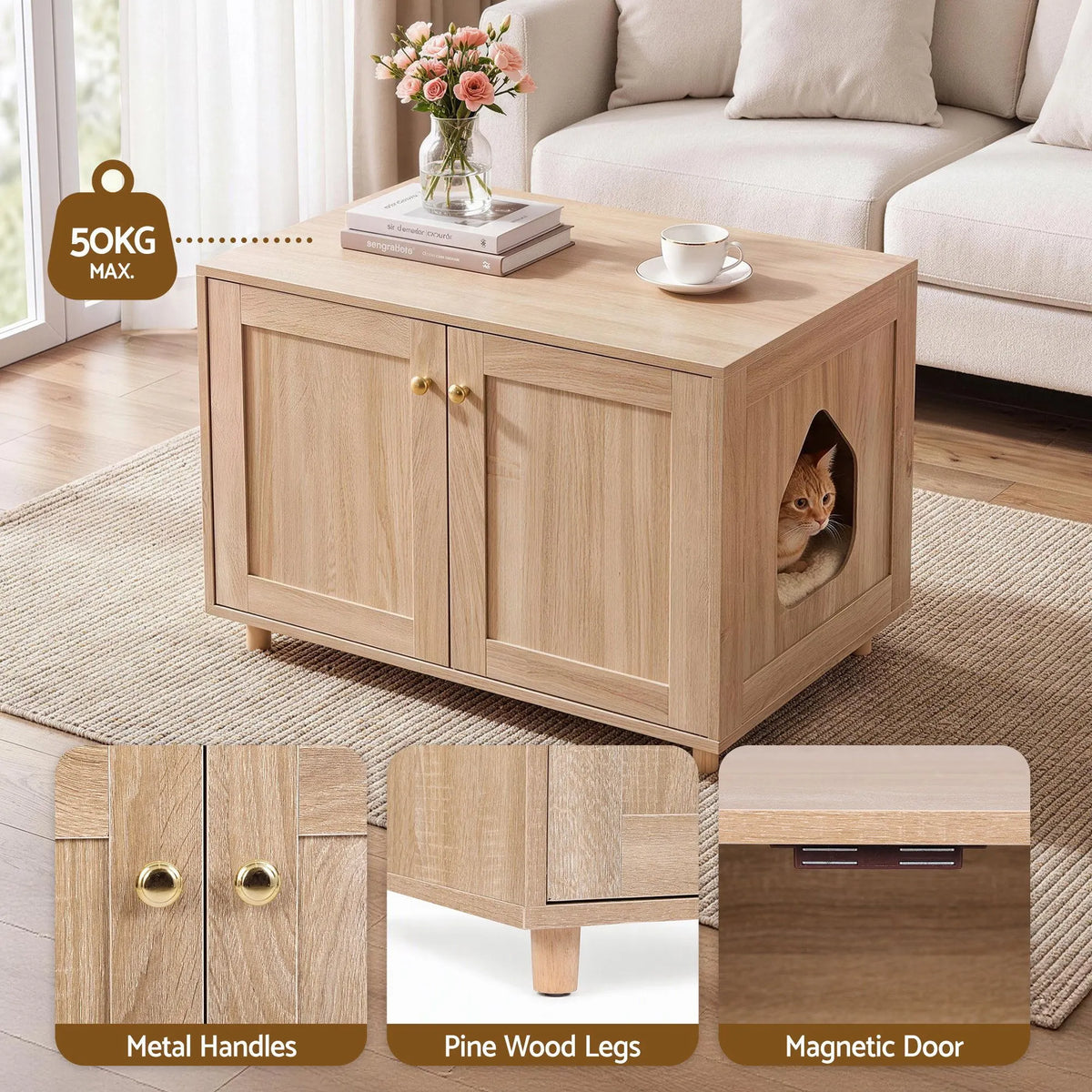 Artiss 2-In-1 Coffee Table Pet Cat House Wooden Side Table Storage Cabinet 80x50x55CM - Image 8