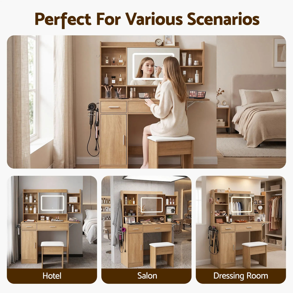 Artiss Dressing Table Vanity Desk Set Stool LED Charging Station Wood - Image 9