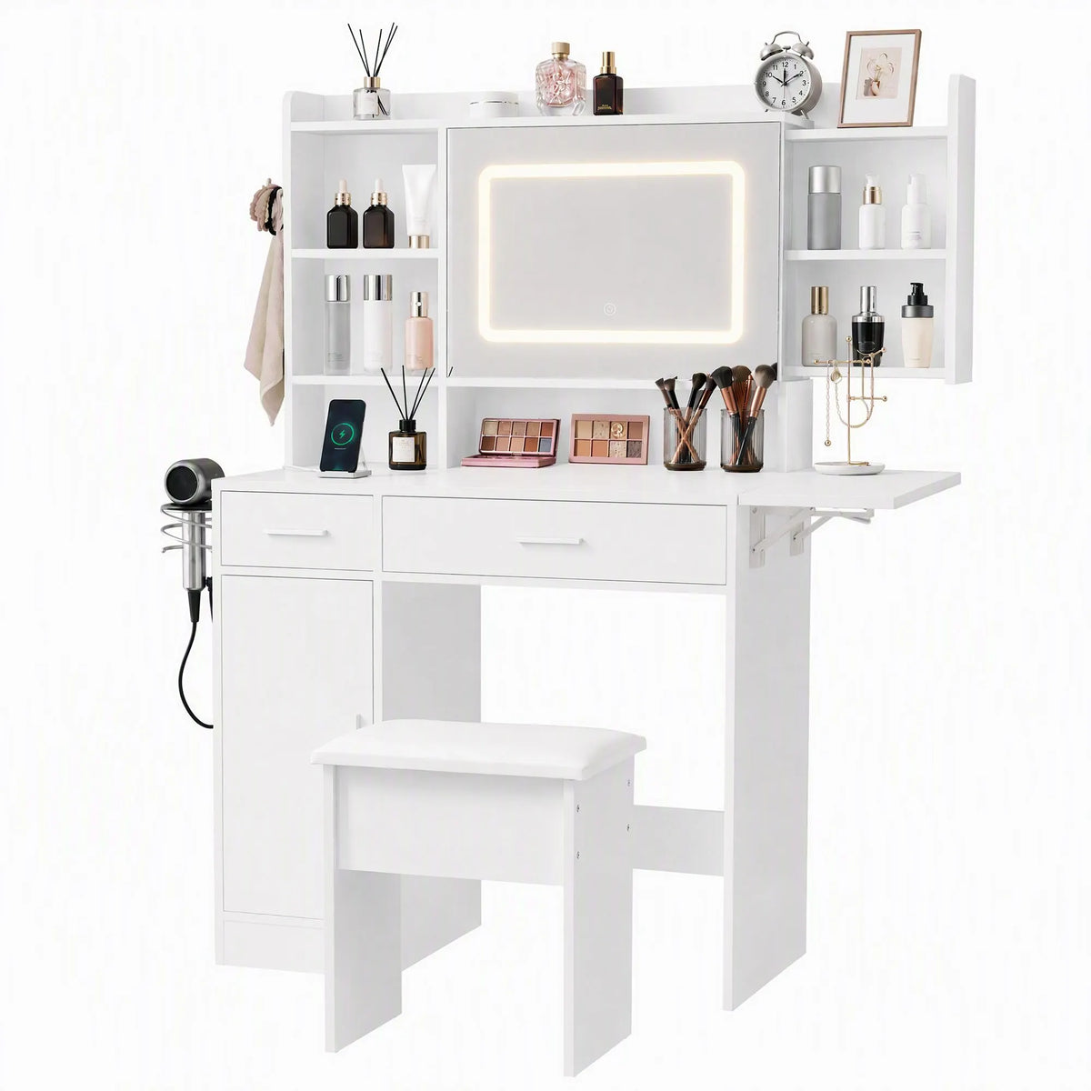 Artiss Dressing Table Vanity Desk Set Stool LED Charging Station White - Image 3