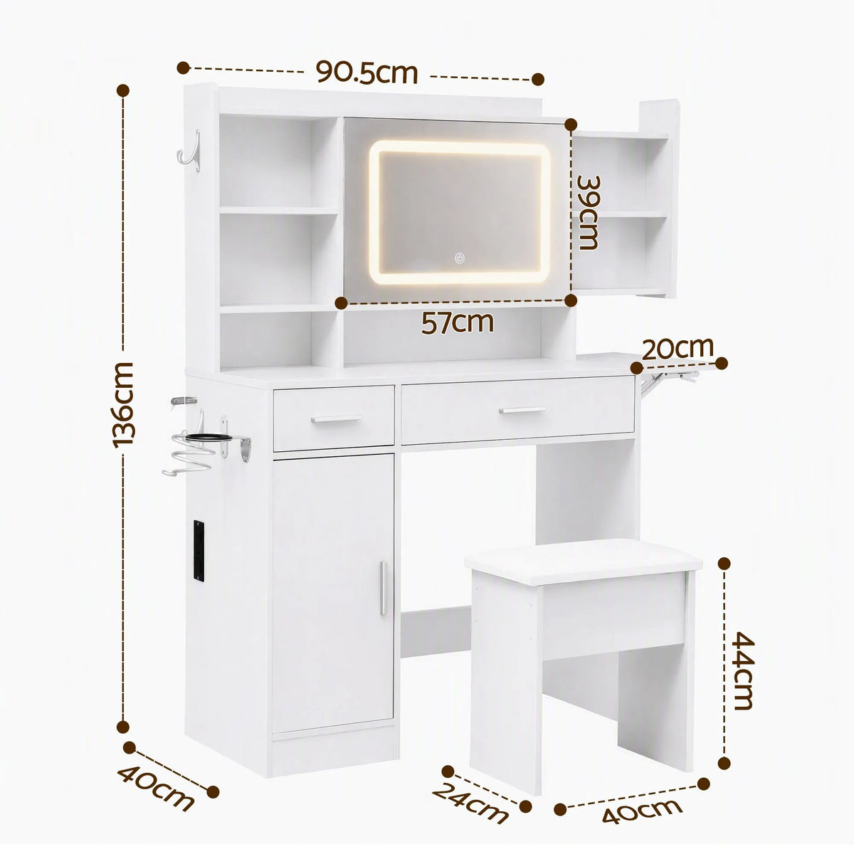 Artiss Dressing Table Vanity Desk Set Stool LED Charging Station White - Image 4