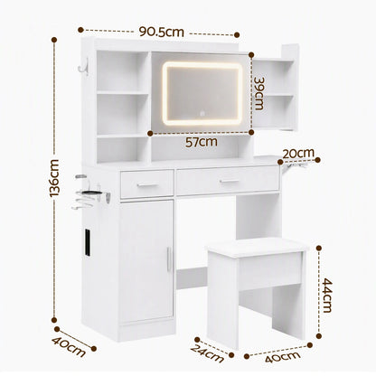 Artiss Dressing Table Vanity Desk Set Stool LED Charging Station White - Image 4