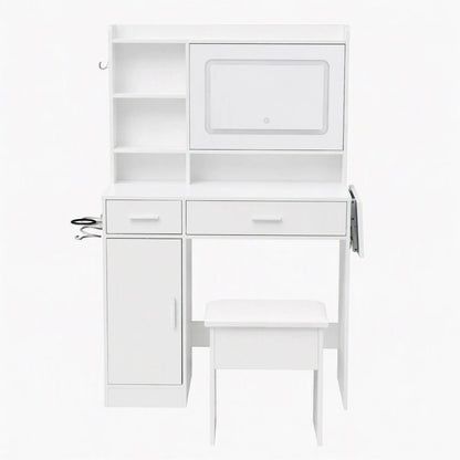 Artiss Dressing Table Vanity Desk Set Stool LED Charging Station White - Image 5