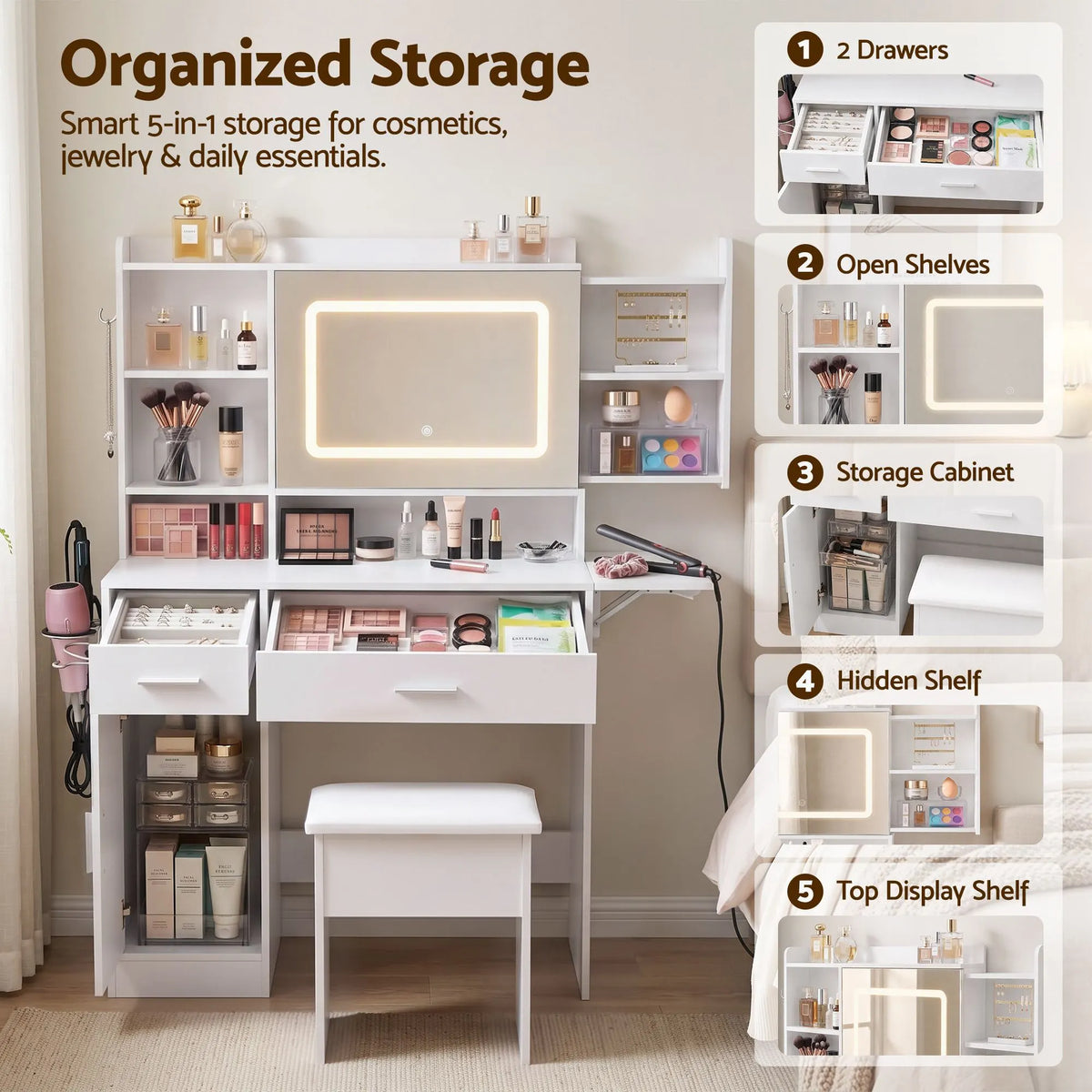 Artiss Dressing Table Vanity Desk Set Stool LED Charging Station White - Image 7