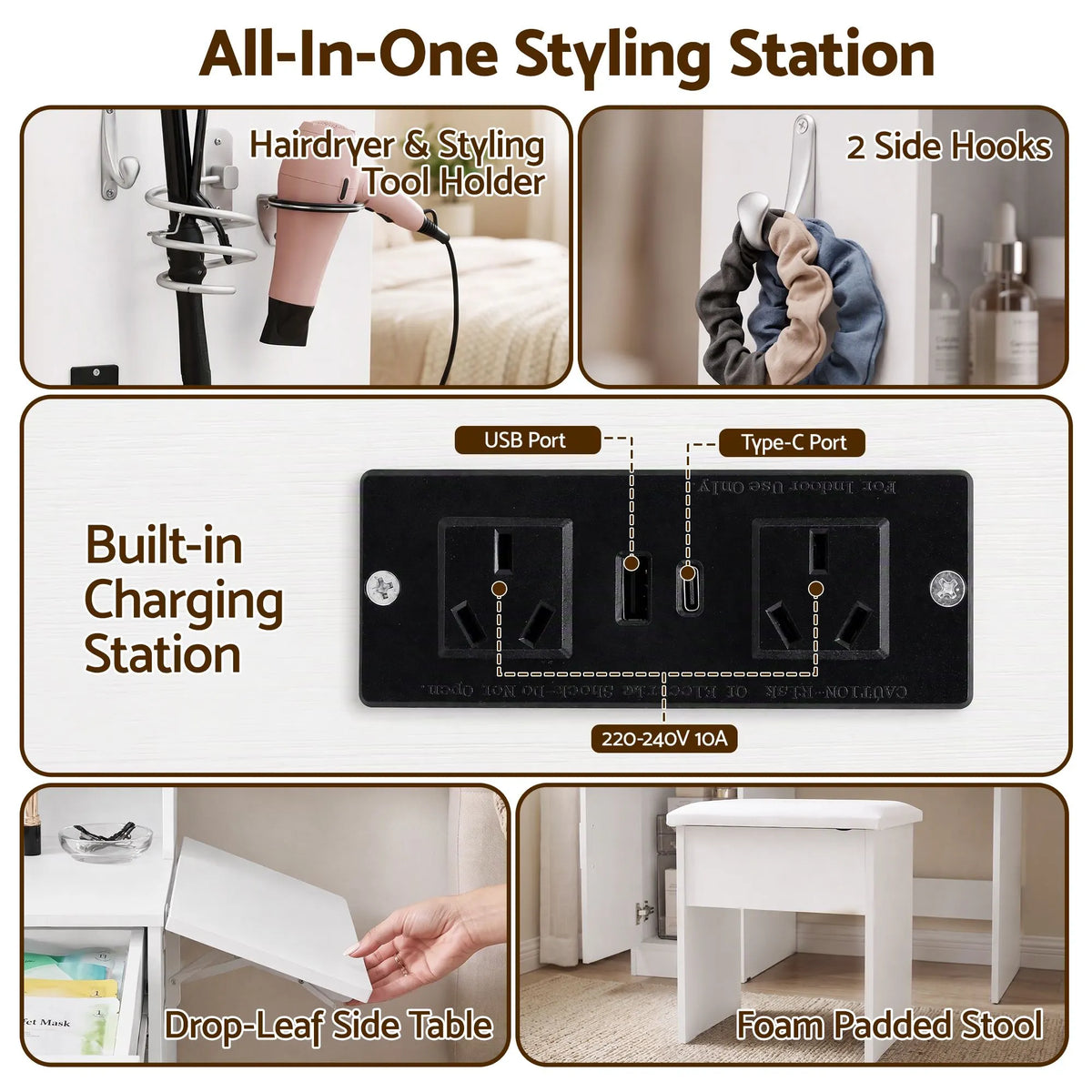 Artiss Dressing Table Vanity Desk Set Stool LED Charging Station White - Image 8