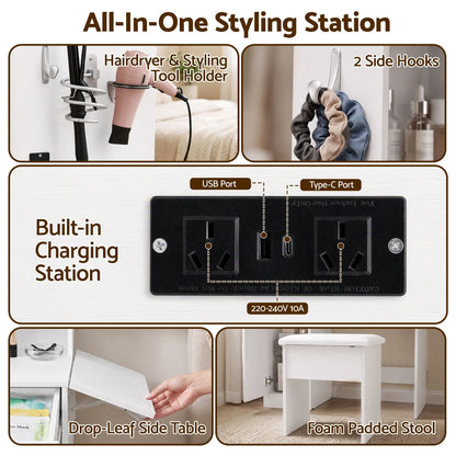 Artiss Dressing Table Vanity Desk Set Stool LED Charging Station White - Image 8